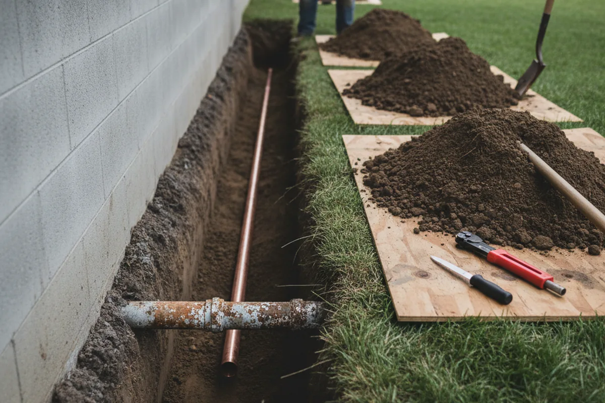 Excavated water line trench during Water Softener Installation in Phoenicia